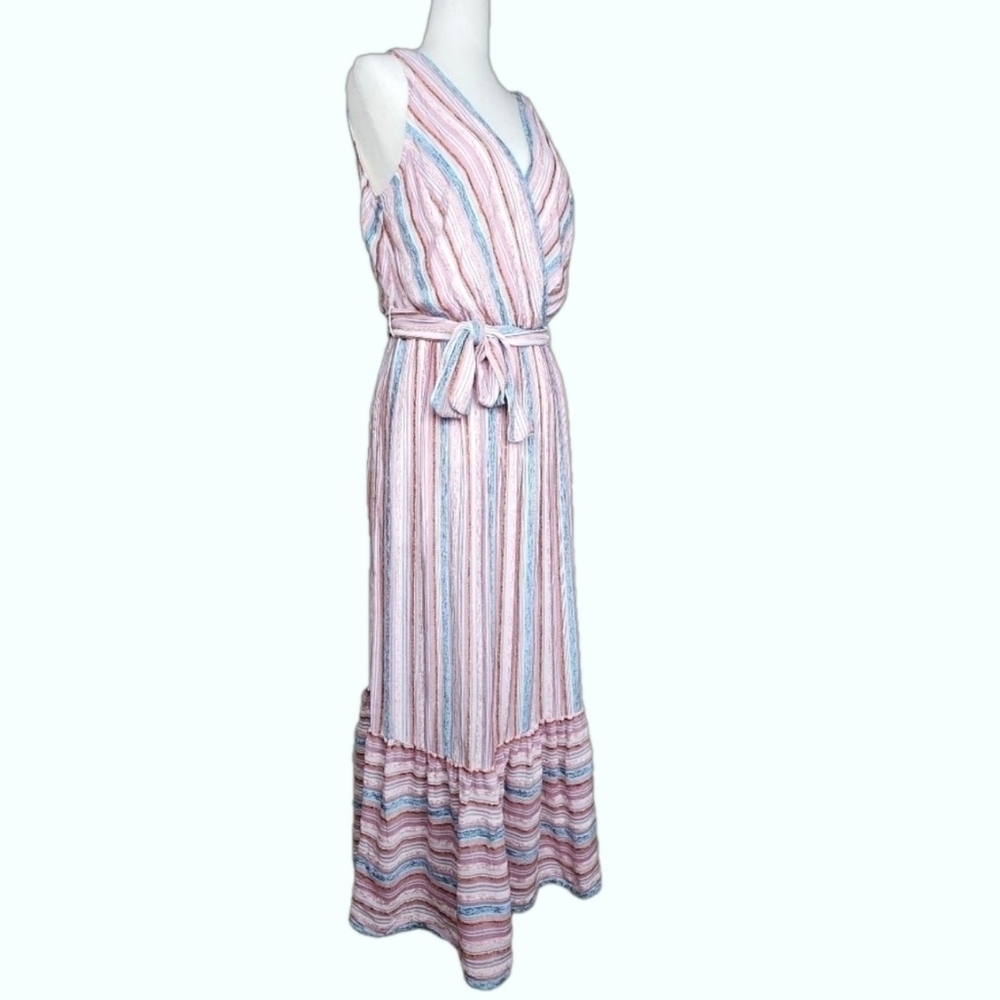 Sleeveless Striped Tiered Wrap Style Belted Velvet Maxi Dress w Pockets 8 - Picture 2 of 13